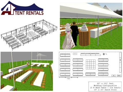 Custom Wedding - 40' x 100' Tent, Dance Floor, Wood Chairs, Rectangular Tables with White Linens.